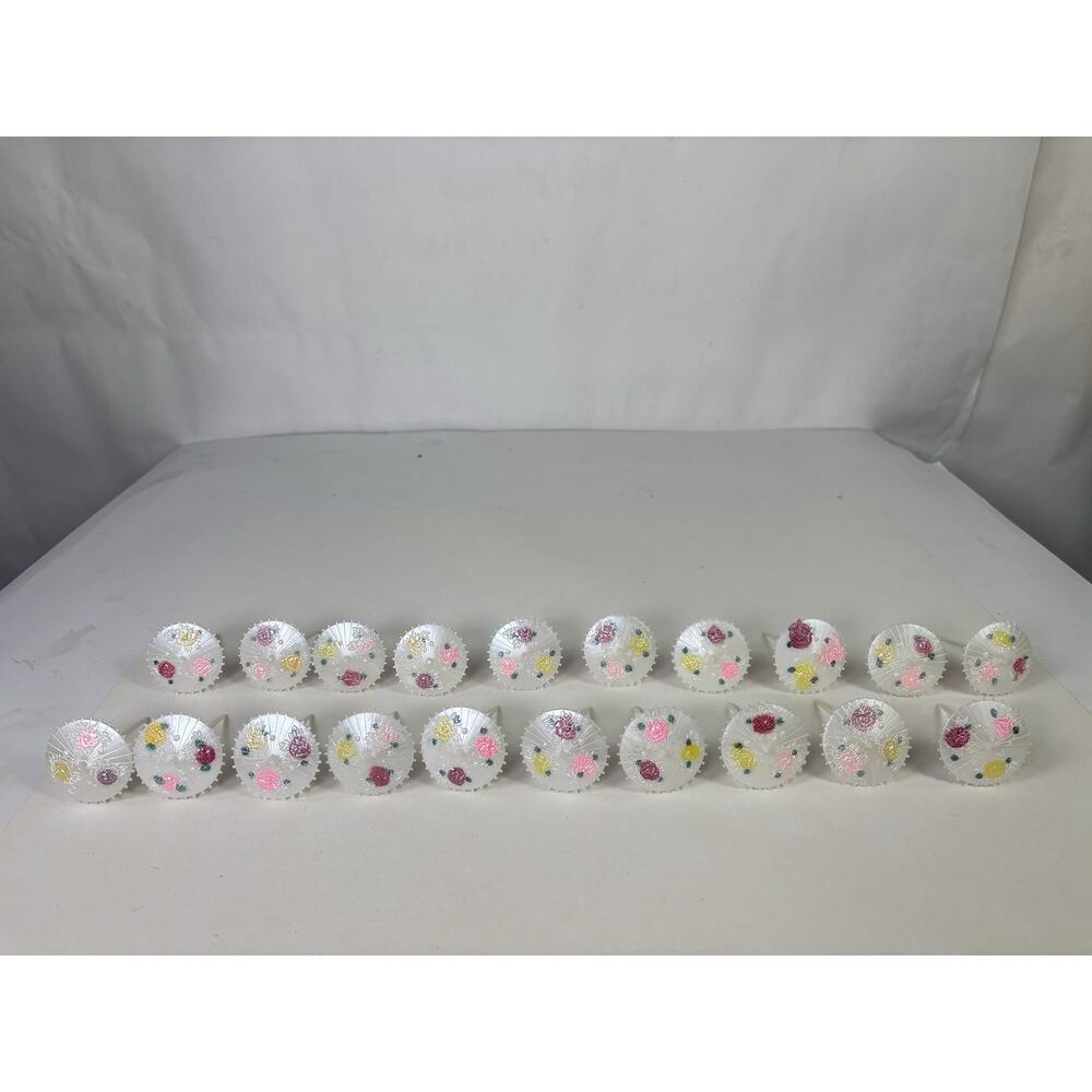 20 Vintage Plastic Cake Topper Parasols Painted Umbrellas Floral Pearlescent